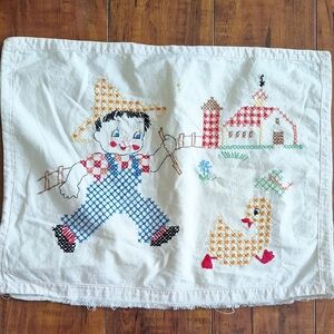 Handcrafted Cross-Stitch Farm Scene Pillow Cover - Cheerful Boy & Duck